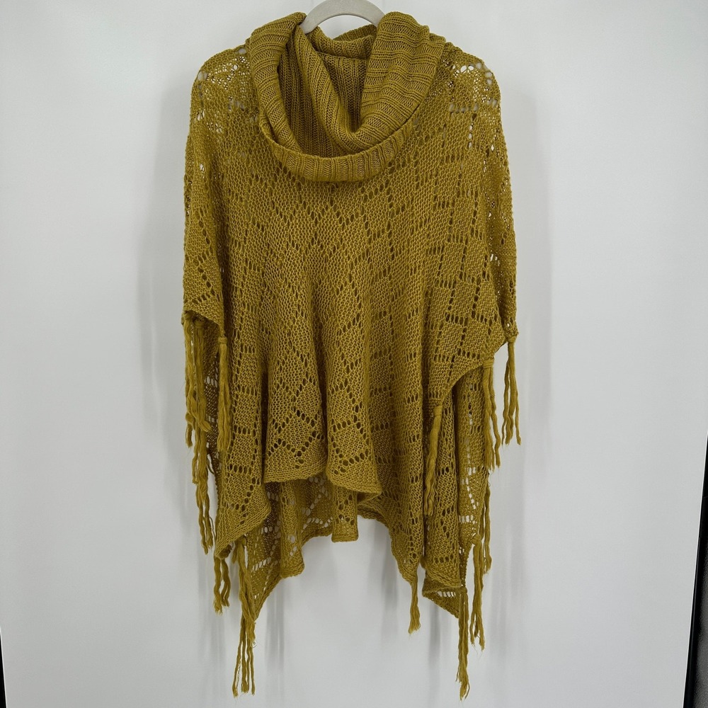 Ali Miles Womens Boho Poncho Sweater Size L Festival Hippie Crochet Mustard